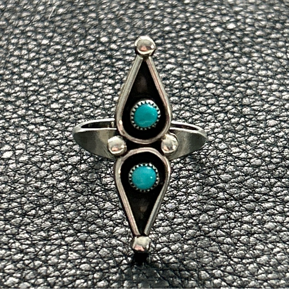 Vintage Southwestern Double Turquoise Snake Eye Sterling Silver Ring - Picture 5 of 10